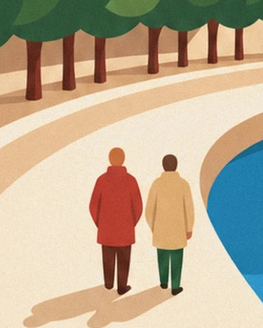 The 2 walkers in red and beige coats on the quay beside the blue Saône