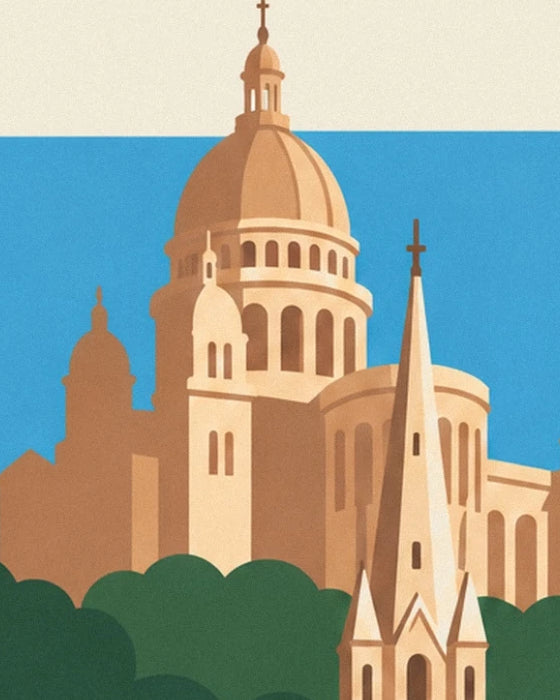An ochre dome and bell towers topped with crosses behind the green foliage