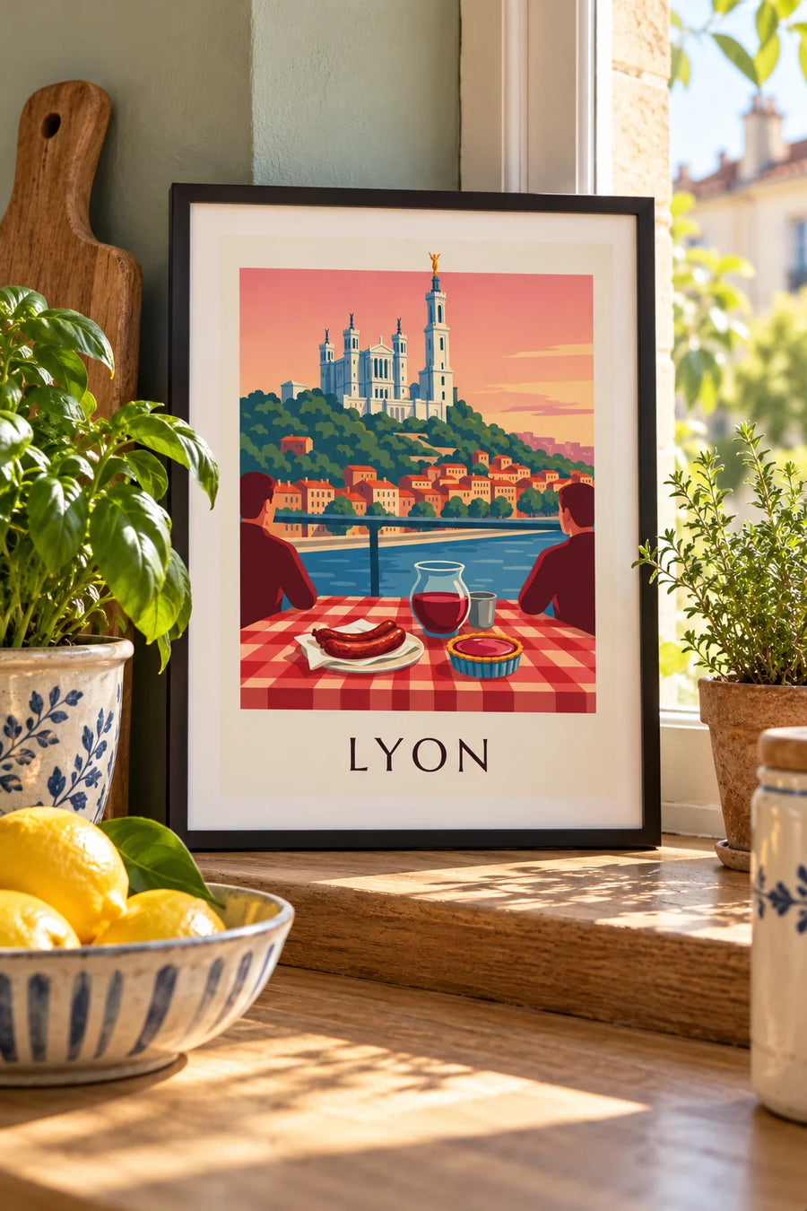 Poster van een Lyonse bouchon met uitzicht op de Saône en Fourvière: klein formaat A4 ingelijst