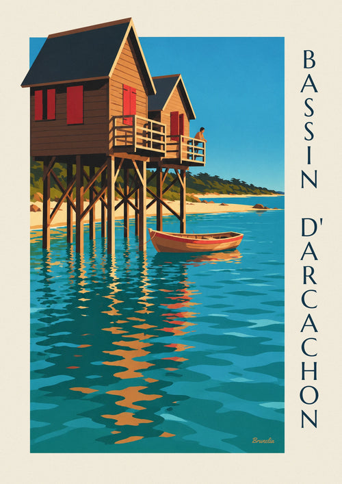 Affiche cabanes tchanquées du bassin d’Arcachon au crépuscule : l'affiche entière