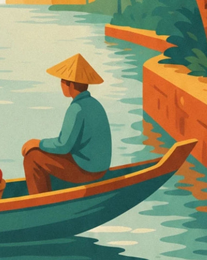 Le batelier au chapeau conique et à la chemise turquoise dans sa barque