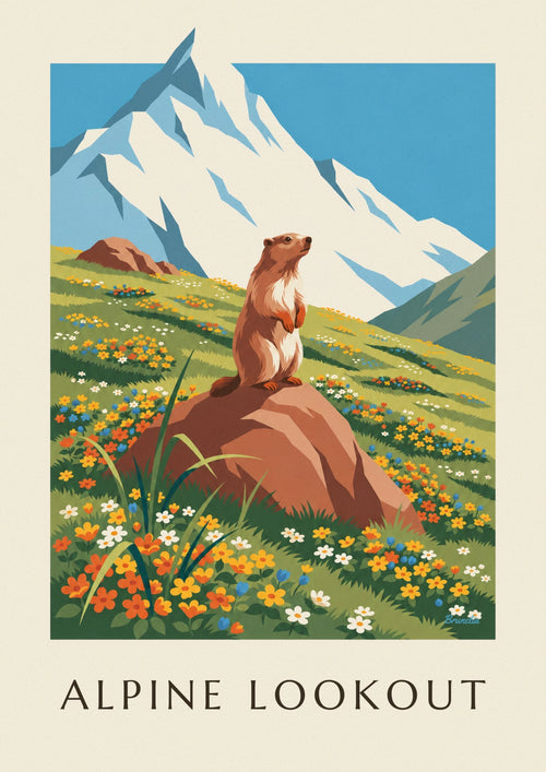 Poster marmot en bloeiend berglandschap in de Alpen: de hele poster
