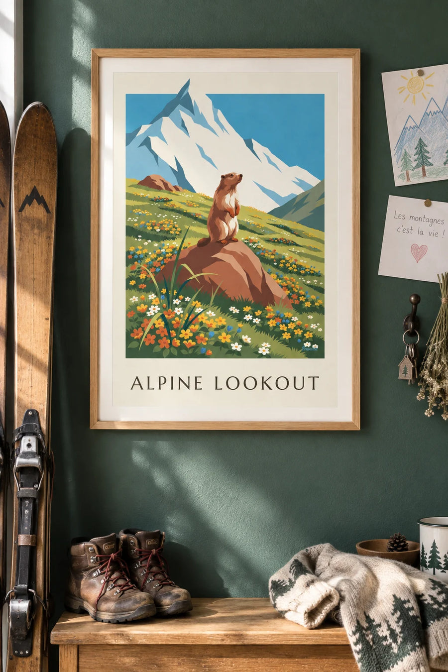 Poster of a marmot and a flowering Alpine landscape: framed on the wall