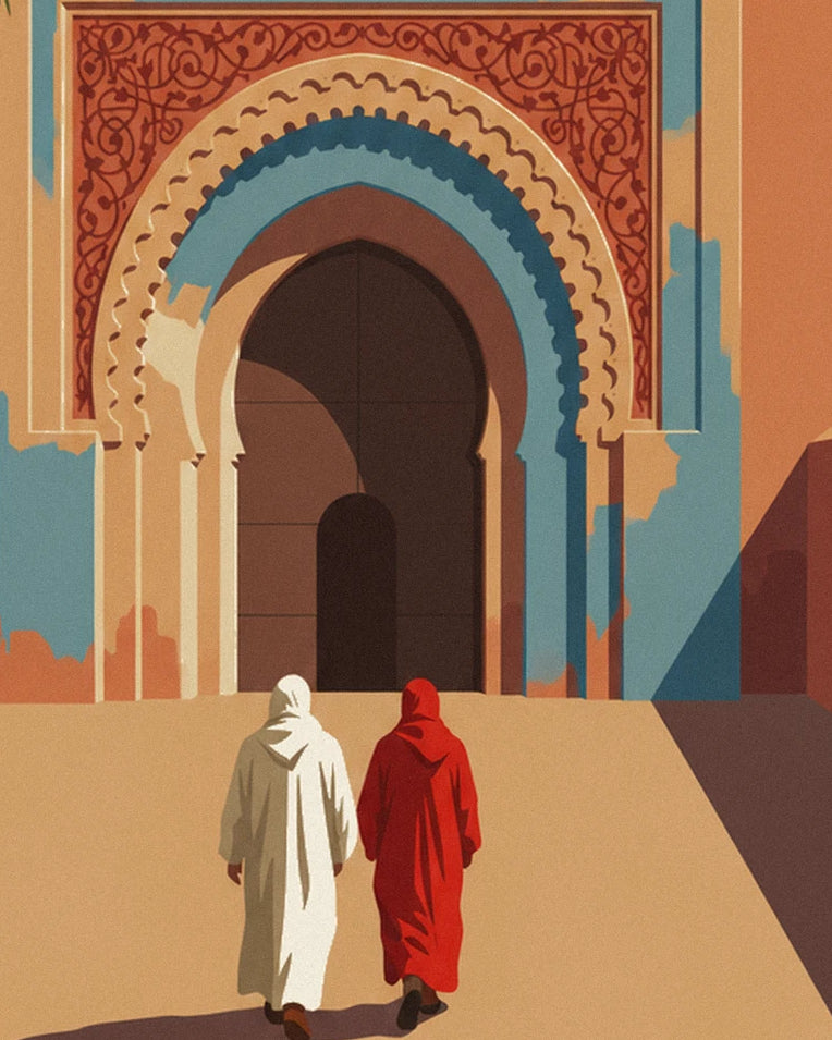 Bab Agnaou gate and minaret in Marrakech poster: close-up detail