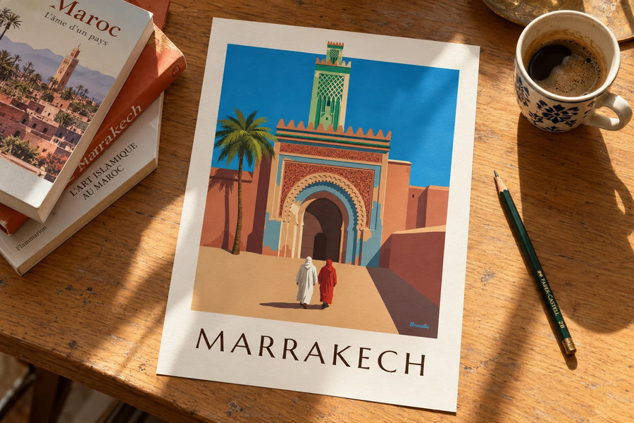 Poster Bab Agnaou-poort en minaret in Marrakech: op een tafel