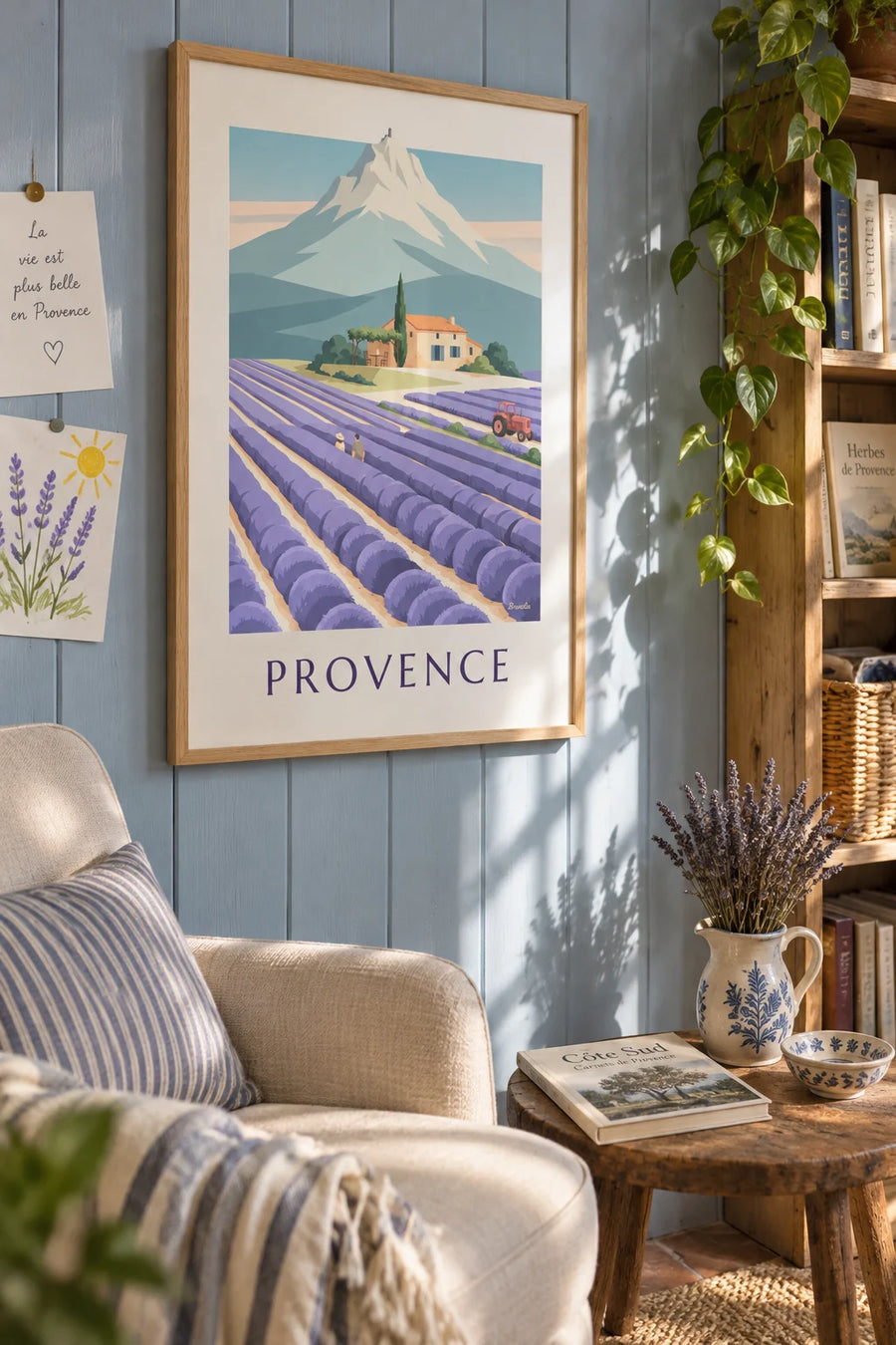 Poster of a Provençal farmhouse in the lavender fields: framed on the wall