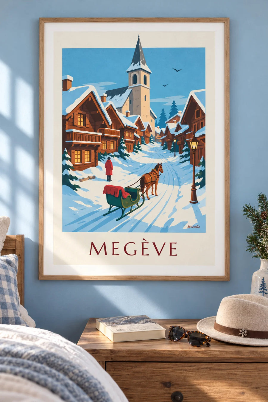 Poster of a horse-drawn sleigh on a snowy street in Megève: framed on the wall
