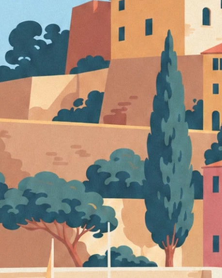 Le grand cyprès et les pins aux feuillages bleutés devant les murs ocre de Menton