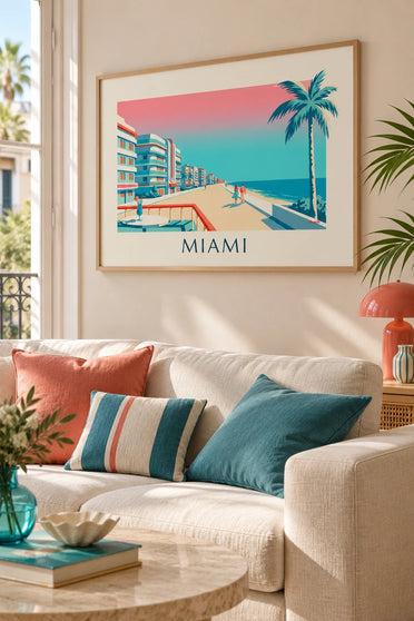 Poster cocktail en palmbomen op Ocean Drive in Miami : ingelijst aan de muur