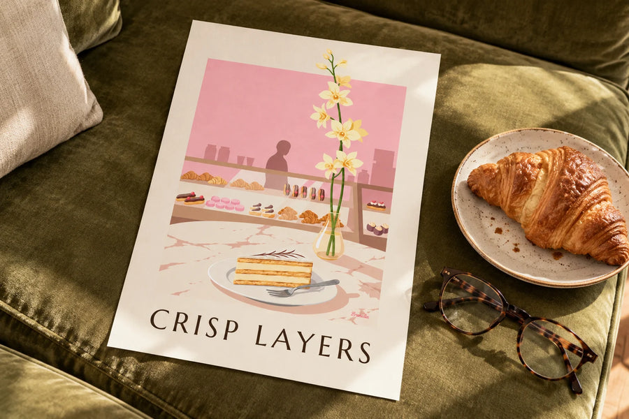 Poster plakje millefeuille met vanille in een patisserie: op een tafel