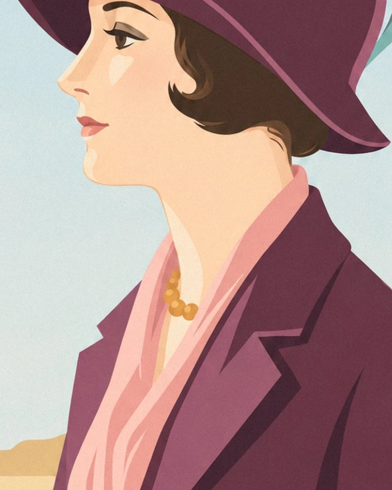 Elegant woman in a long-feather hat poster: close-up detail