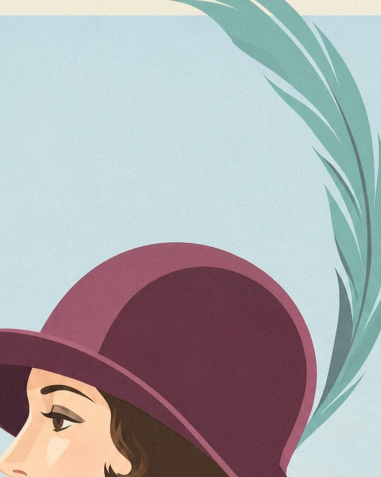 Elegant woman in a long-feather hat poster: close-up detail