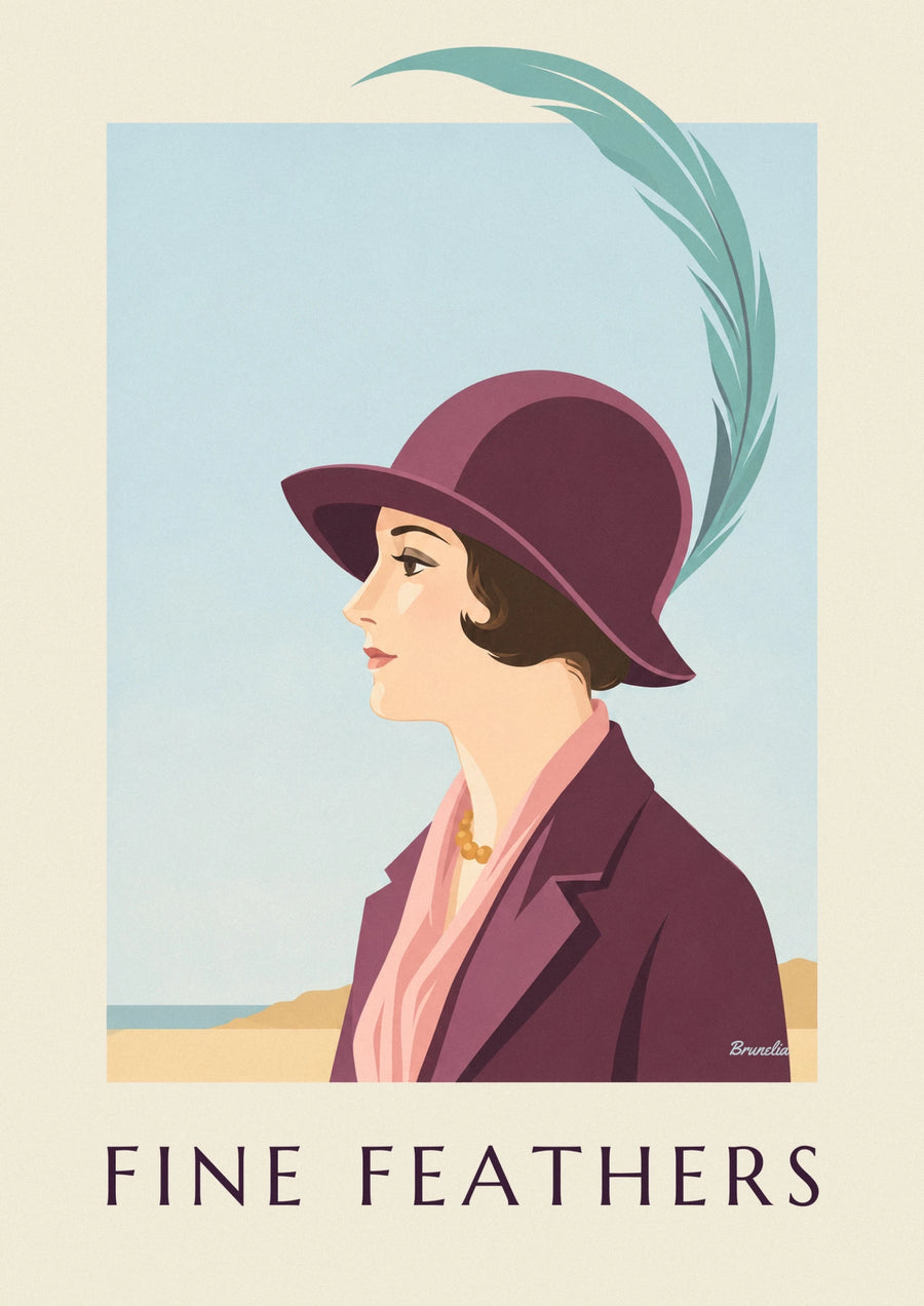 Elegant woman in a long-feather hat poster