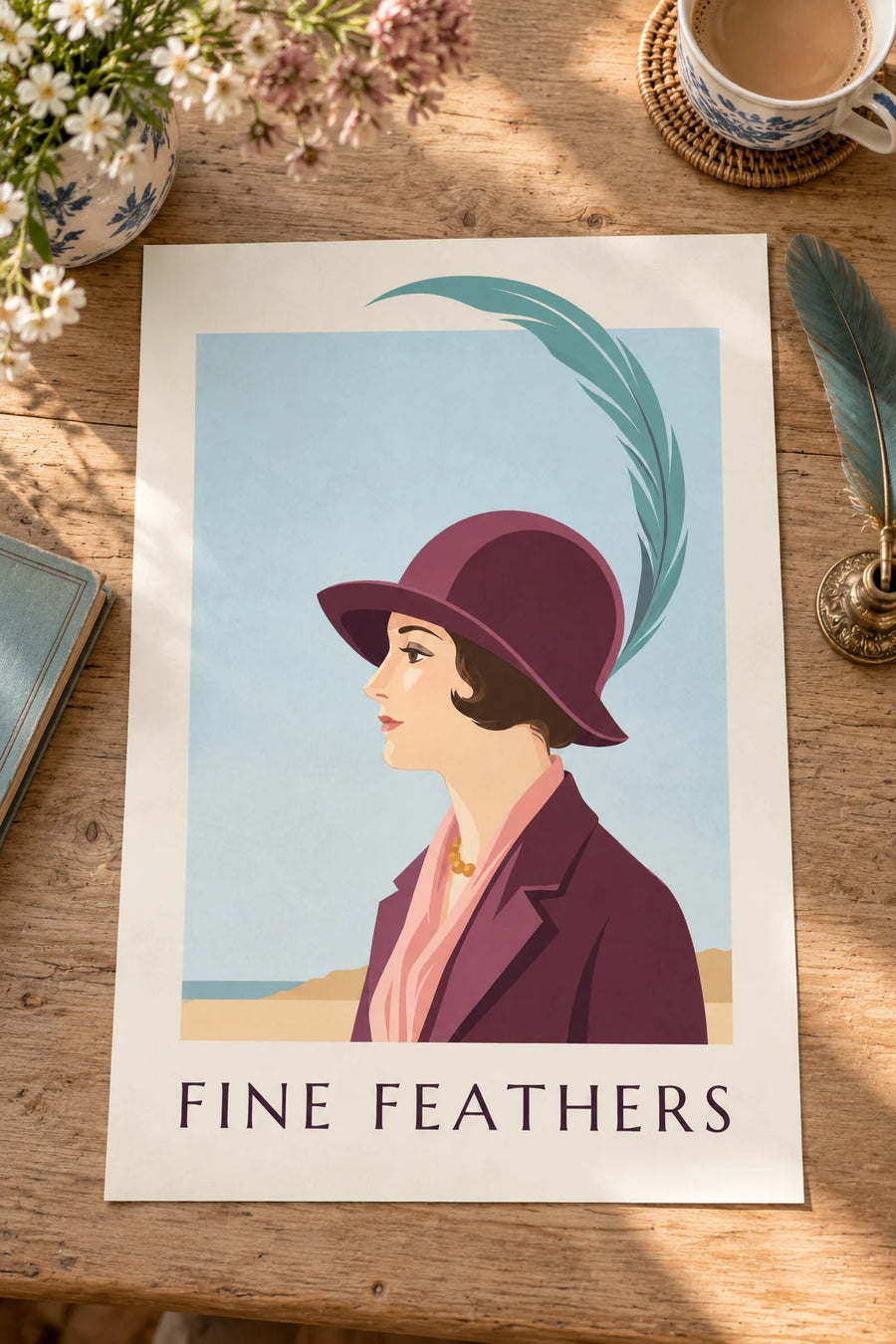 Poster of an elegant woman in a hat with a long feather: placed on a table