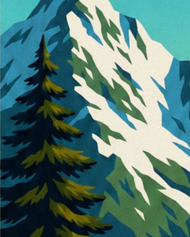 Large dark fir tree with yellow-green branches in front of the snowy ridge