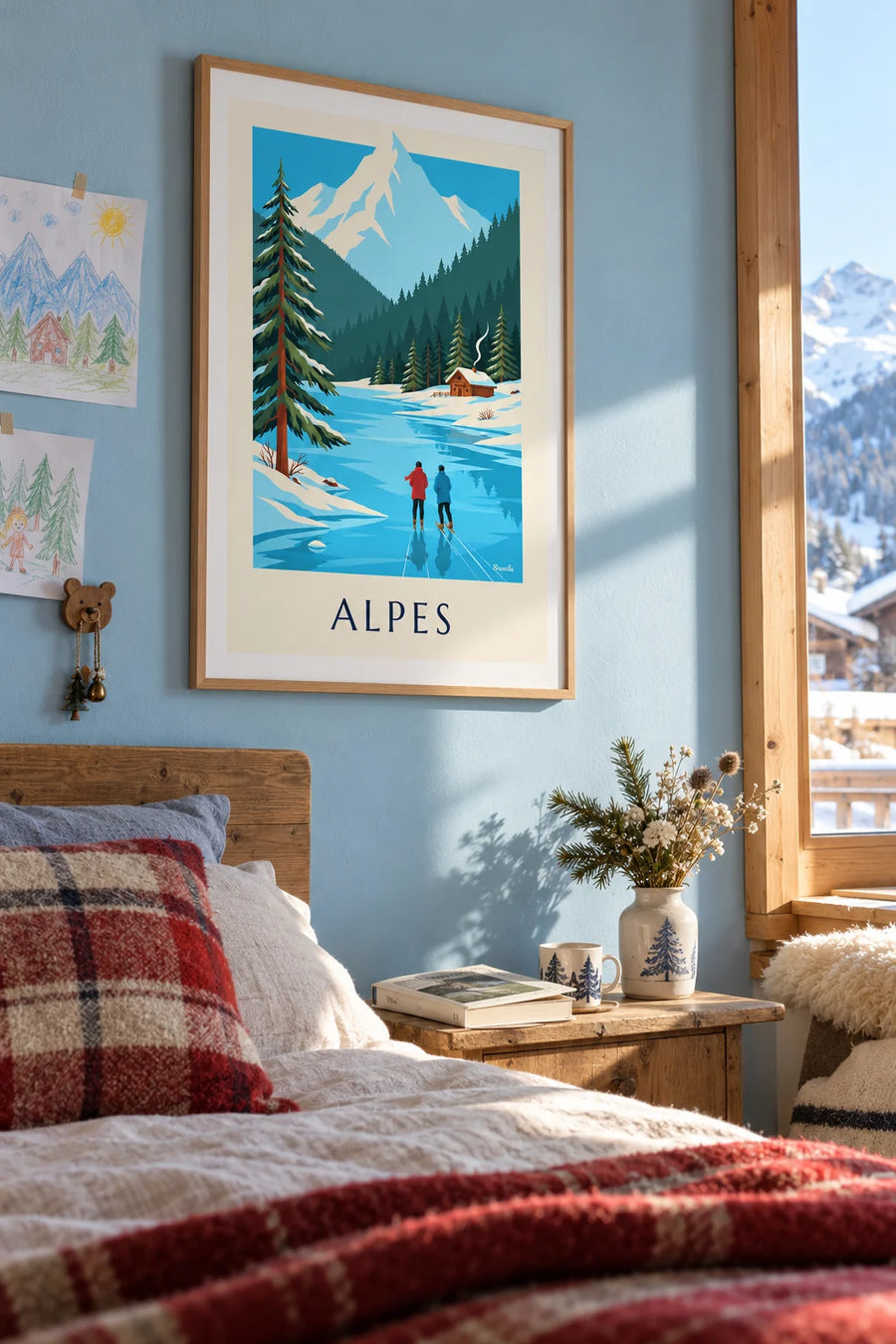 Poster of flower-decked cows beside an Alpine lake in autumn: framed on the wall