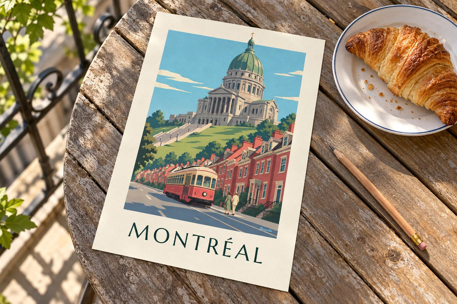 Poster rode tram op weg naar het Oratoire Saint-Joseph: op een tafel