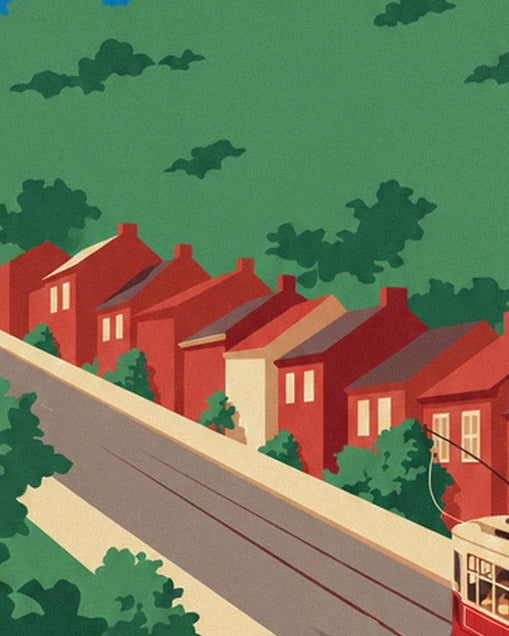 Row of red houses along the low wall, with the tram approaching