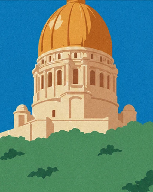 The oratory's golden dome and pale stone base above the green trees
