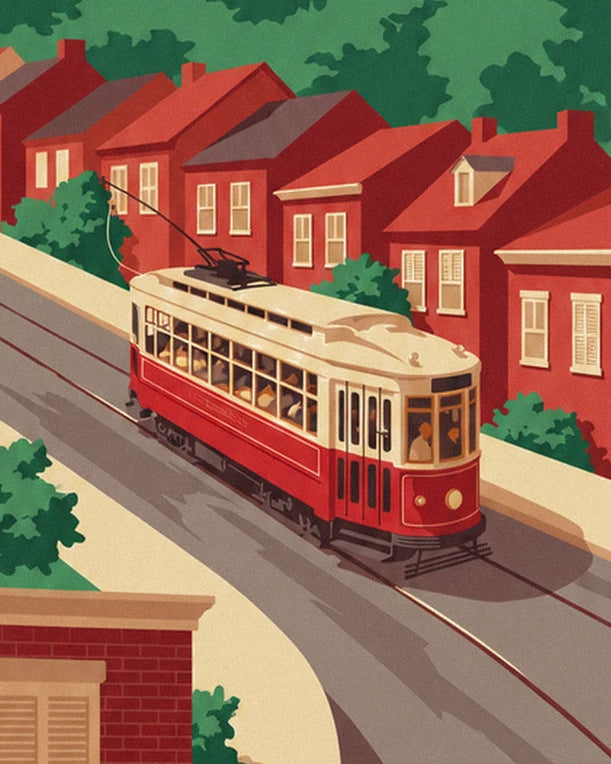 Red and cream tram heading down the street in front of red brick houses