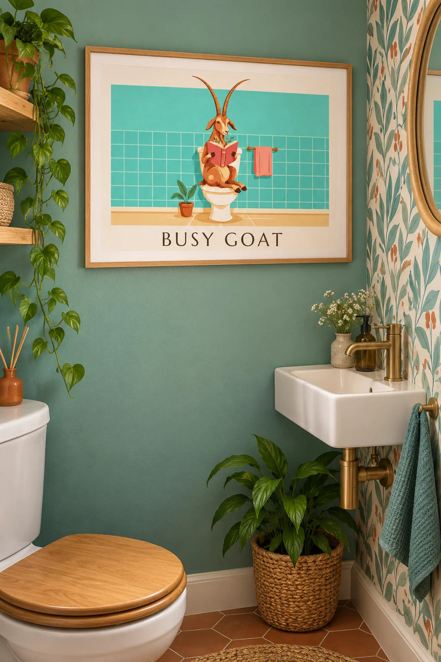 Humoristische poster geit die leest op de wc: ingelijst aan de muur