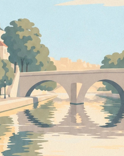 The stone bridge and its rounded arches reflected in the Loire between the tree-lined quays