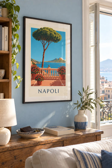 Poster Napels, baai en Vesuvius gezien vanaf het terras: ingelijst aan de muur