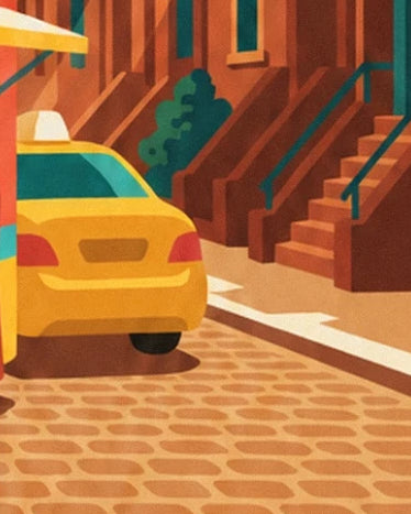 De gele taxi aan de voet van de bakstenen trap en groene hekjes van New York