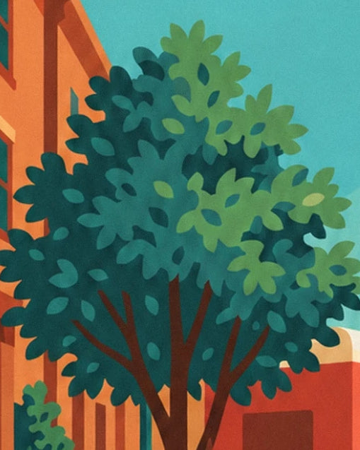 De boom met groen en turquoise gebladerte voor de oranje gevel en de rode wagen