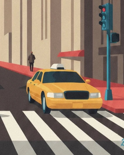 A yellow taxi in front of the pedestrian crossing, near the red traffic light and pavement