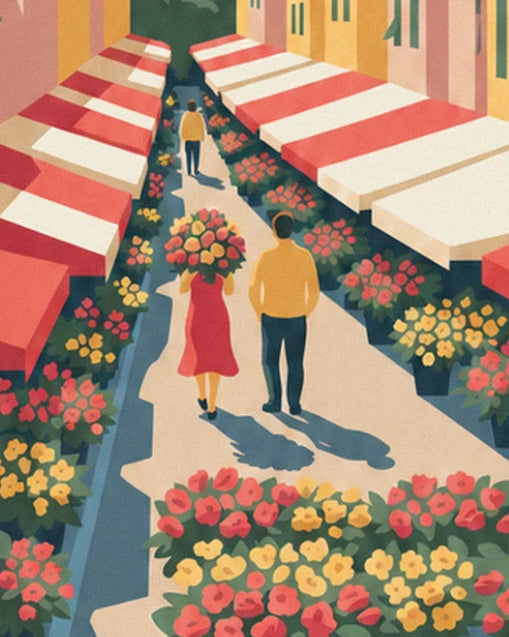 Un couple descend l'allée entre les étals à auvents rouges et blancs, un énorme bouquet dans les bras