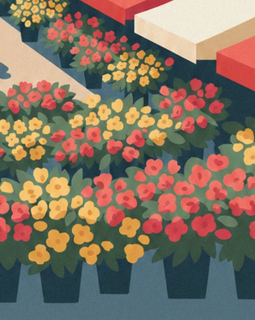 Des pots débordant de fleurs rouges et jaunes, serrés sous les auvents rouges et crème de l'étal