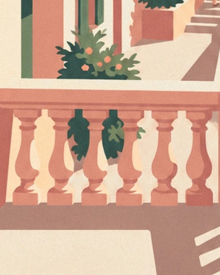 Une balustrade rose et ses ombres sur une terrasse, devant des arbustes fleuris