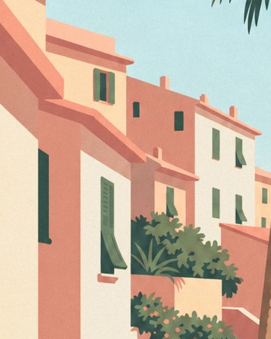 Les façades crème et ocre aux volets verts, entre toits roses et feuillages