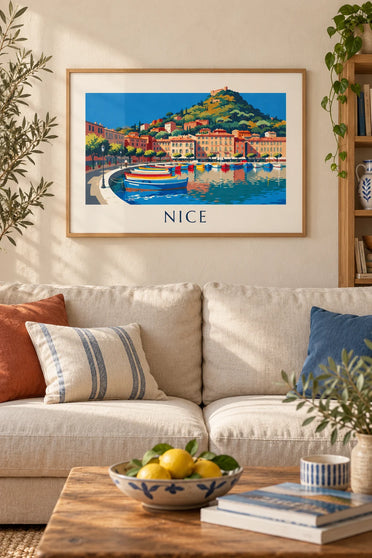 Poster haven Lympia en Château-heuvel in Nice: ingelijst aan de muur