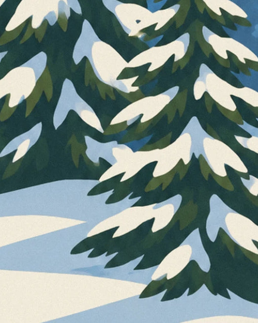 Les branches vert sombre chargées de neige, sur les congères bleutées de la forêt