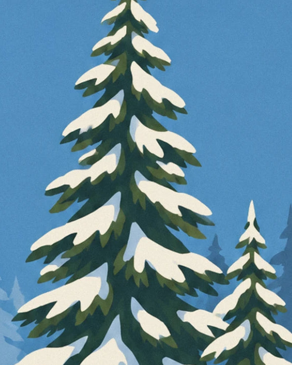 Un grand sapin enneigé et un petit sapin se détachant sur le ciel bleu