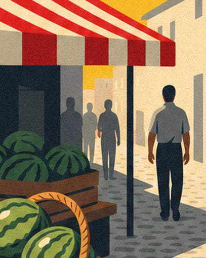 Voorbijgangers in het marktpad, bij de watermeloenen en de rood-crèmekleurig gestreepte luifel