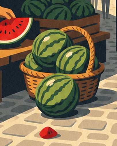 De gevlochten mand vol watermeloenen en het rode partje op de keien van de markt