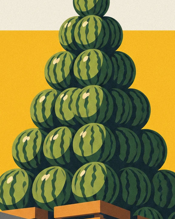 De piramide van gestreepte groene watermeloenen tegen de gele marktachtergrond