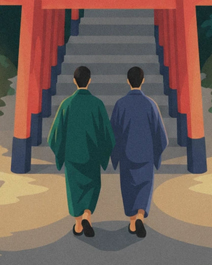 The 2 figures in green and blue outfits in front of the steps lined with torii gates
