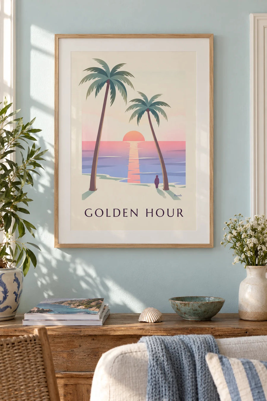 Poster of palm trees at sunset on a tropical beach: framed on the wall