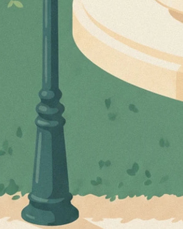 Le pied vert foncé de la table de jardin, près du bord arrondi du plateau crème