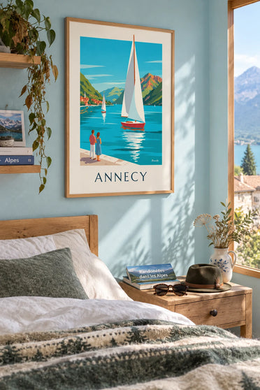 Poster meer van Annecy met zeilboten aan de voet van de Tournette: ingelijst aan de muur