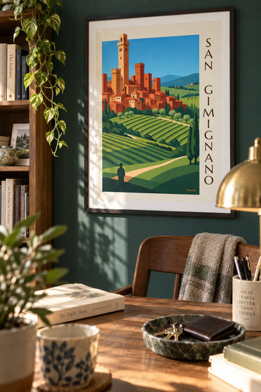 Poster middeleeuwse torens van San Gimignano in Toscane: ingelijst aan de muur