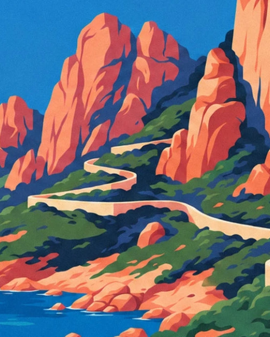 The winding road lined with a low pale wall between the red cliffs of Piana