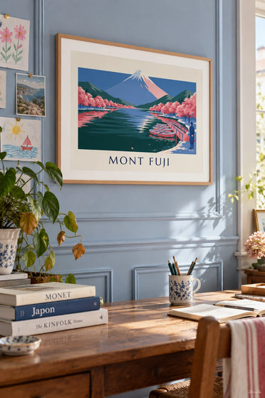 Poster van de berg Fuji, bloeiende kersenbomen en bootjes aan de steiger: ingelijst aan de muur