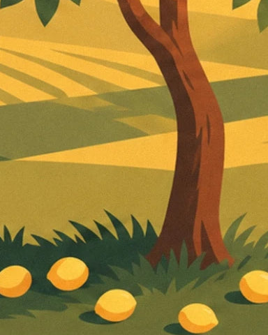 Les citrons tombés dans l’herbe au pied du tronc brun, entre ombre et soleil