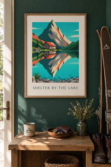 Poster stenen berghut aan een alpenmeer: ingelijst aan de muur