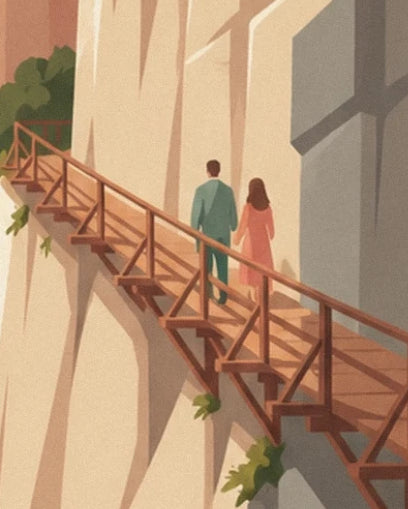 A couple on the wooden walkway along the high rock walls
